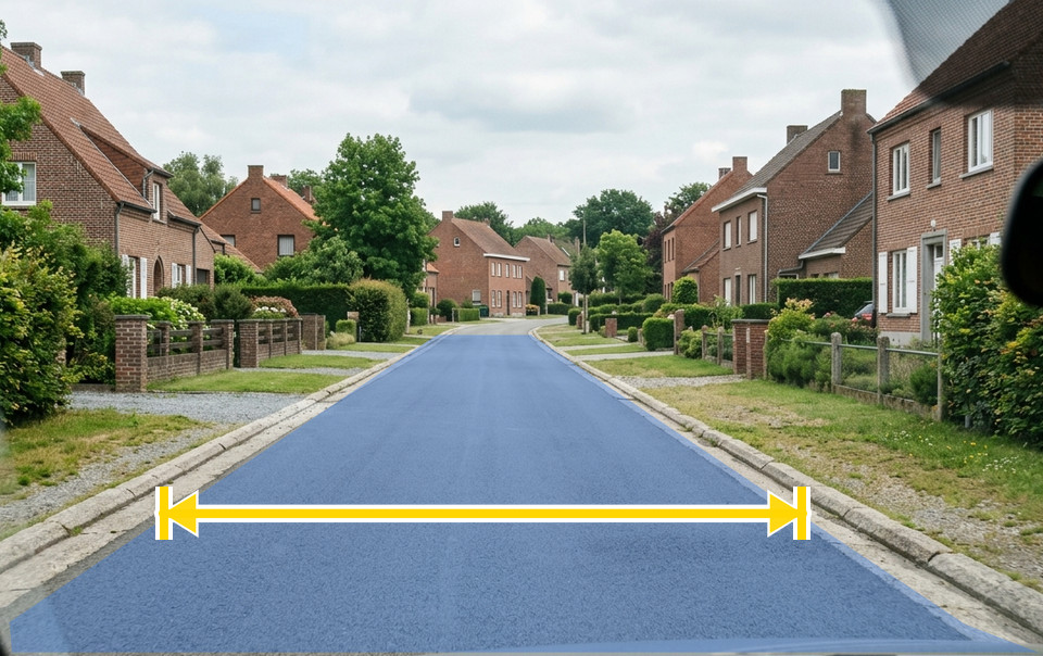 The blue area is the carriageway, the hard surface of the public road made for vehicles. The yellow arrow measures it from kerb to kerb.
