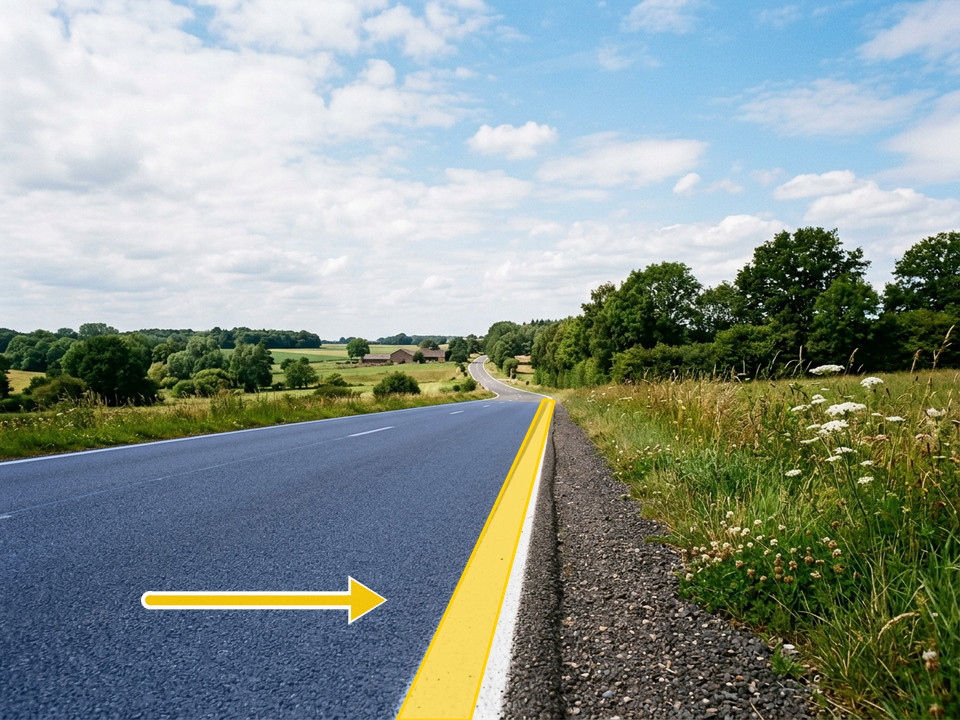 The continuous white line along the road edge (highlighted in yellow) marks where the carriageway ends. It shows the edge of the carriageway and has no other legal meaning.