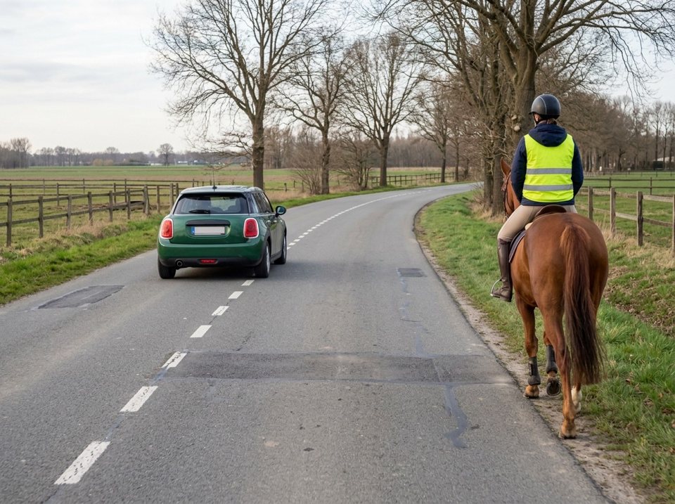 Every driver must immediately slow down when approaching riding animals on the public road. If a horse gets scared and rears up, you must stop the vehicle and avoid any sudden movements so the rider can calm it.