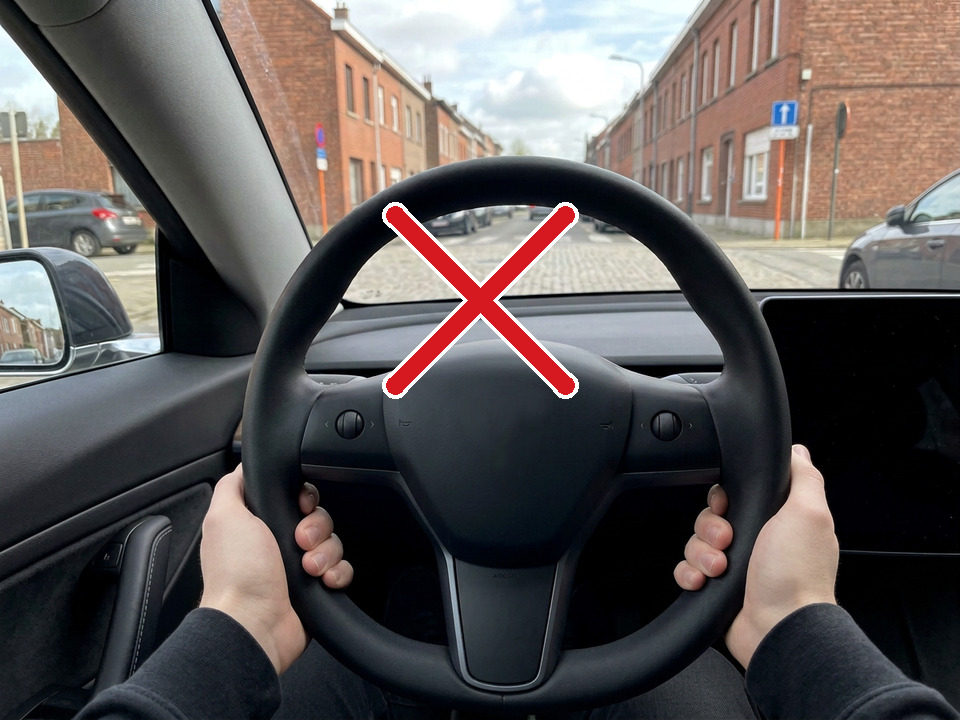 Wrong: both hands low on the rim, at 4 and 8 o'clock. Always hold the wheel at 'ten to two' or 'quarter to three' with slightly bent arms.