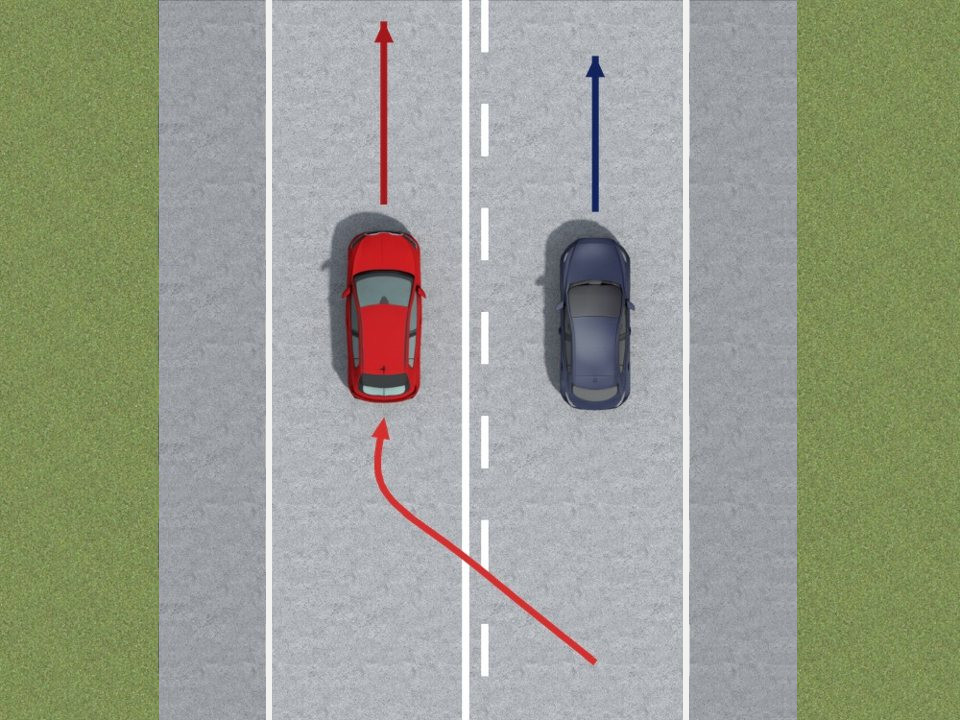 The red car had the broken line on its side, so it could cross to overtake. To return to the right it may cross the solid line.