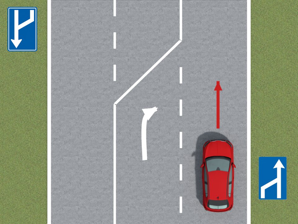The blue sign on the right indicates a lane reduction on the left. The road markings show this reduction as the bright red car drives in the right lane.