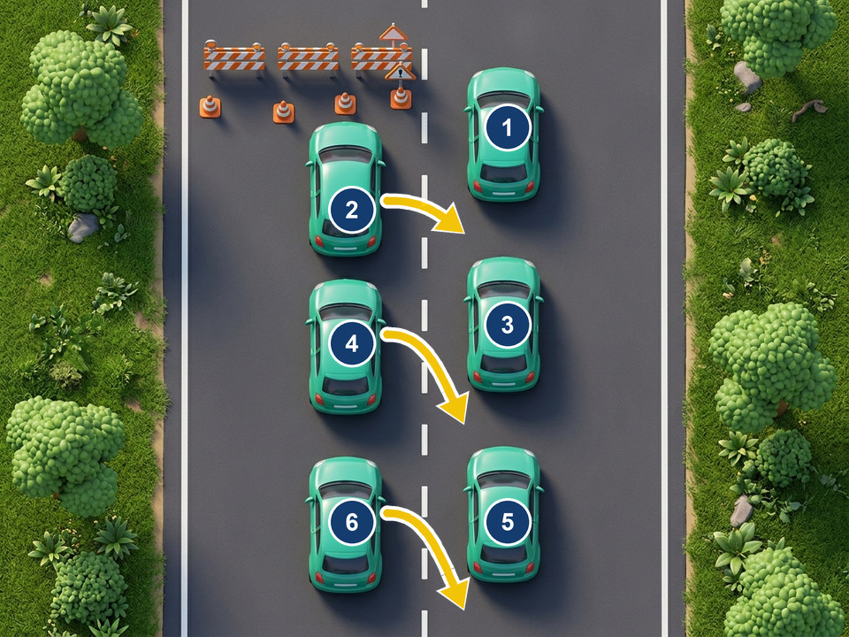 When a lane is closed and traffic is slow, cars merge like a zip, one from each side in turn: 1, 2, 3 and so on up to 6. The yellow arrows show the cars from the closed lane crossing into the gaps.