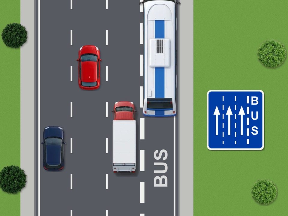 Sign F17 and a wide broken line mark a bus lane on the right of three ordinary lanes. Regular traffic, like the white van in the right-hand ordinary lane, must stay out of the bus lane and may not drive or stop in it.