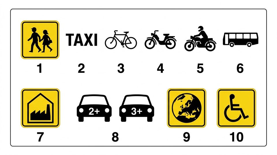 Plates under the bus-lane sign show who else may use the lane: 1 school transport, 2 taxis, 3 bicycles, 4 mopeds, 5 motorcycles, 6 buses and coaches, 7 commuter transport (home to work), 8 cars with at least 2 or 3 people, 9 vehicles promoting sustainable mobility, 10 vehicles transporting disabled people.