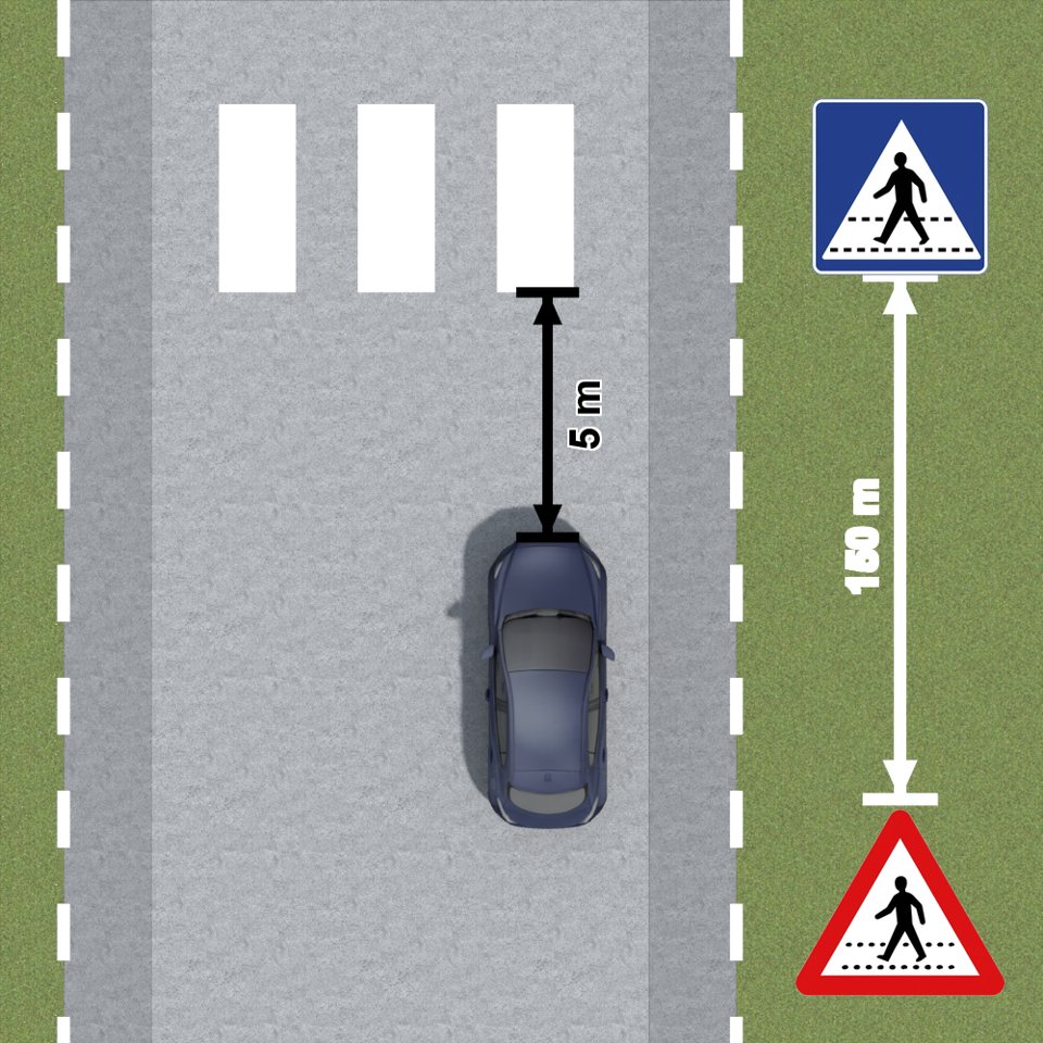 Stopping and parking are forbidden on the crossing and less than 5 m before it. This car, 5 m away, is legal.