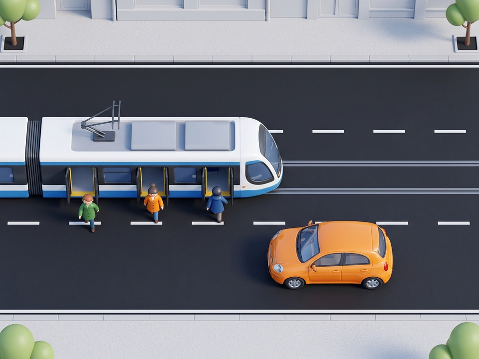 Because the tram stops on the carriageway without a boarding island, the orange car must stop to allow passengers to cross the roadway safely.