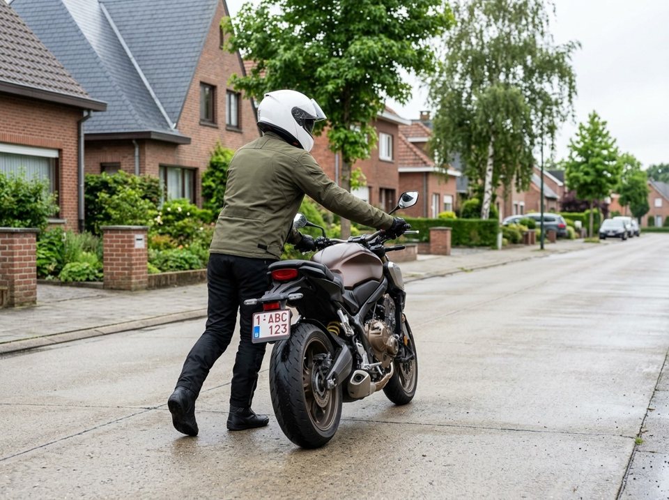 A person pushing a motorcycle is legally considered a driver. They must walk on the roadway, hold an appropriate driving licence, and wear a crash helmet.