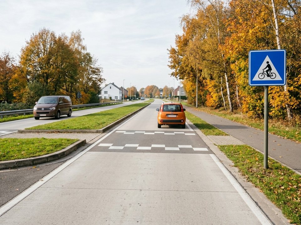 You are not allowed to overtake the orange car on the left as it approaches a crossing for cyclists.