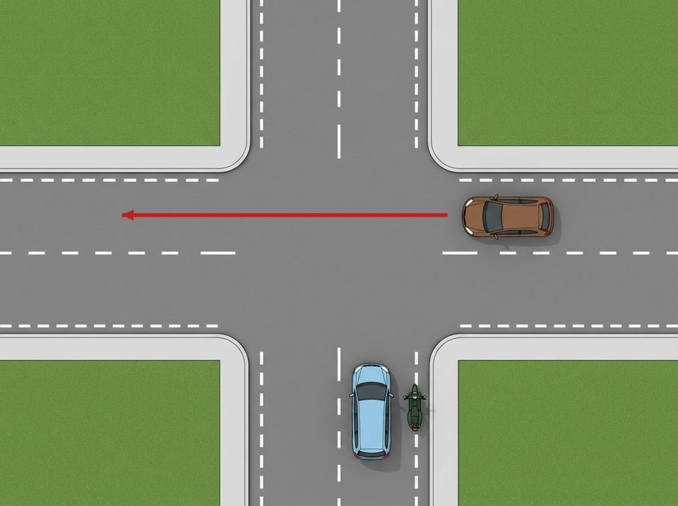 At this junction with no traffic signs or lights, the brown car coming from the right has priority over the light blue car and the green moped. Both must wait and give way before crossing.