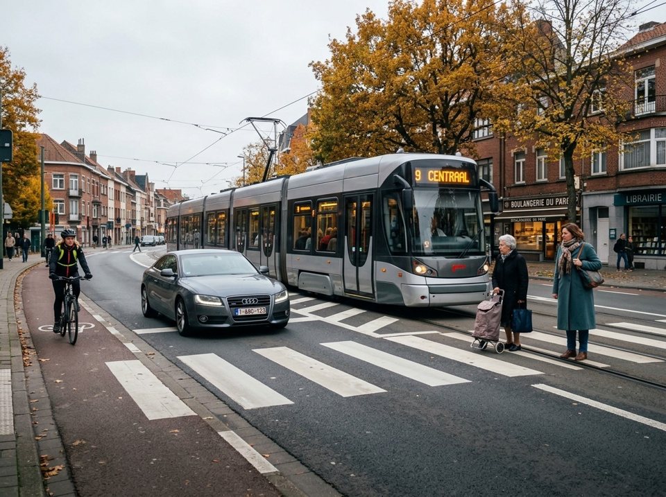 Pedestrians waiting at a zebra crossing must yield to the approaching silver tram. Trams always have priority, even over pedestrians using a pedestrian crossing.