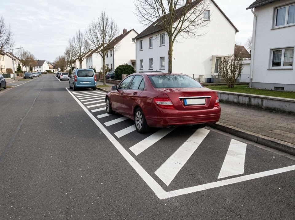 Standing stationary or parking on a traffic displacement area marked with white diagonal stripes is prohibited. The bordeaux red car is illegally parked on this gore.